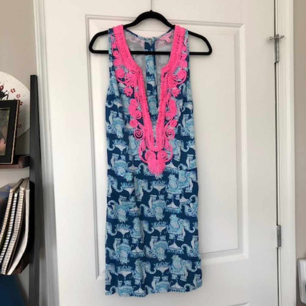 Lily Pulitzer Blue and Pink Elephant Print Dress Size 6, Casual Sleeveless